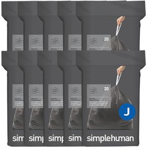 simplehuman Code J 200 Count Odorsorb Custom Fit Liners, Drawstring Odor Absorbing Trash Bags, One-by-One Mess-Free Dispense, Extra Thick & Double Seamed, 50% PCR Plastic, 38-45 Liter / 10-12 Gallon