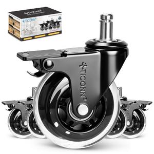 TICONN Office Chair Caster Wheels Set of 5 for Tile, Hardwood Floors and Carpets, Universal Fit for Most Chairs (Transparent with Brake)