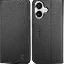SHIELDON Case for iPhone 16 6.1" 2024, Genuine Leather Wallet Magnetic Cover RFID Blocking Card Slot Kickstand Shock-Absorbent TPU Phone Holder Case Compatible with iPhone 16 5G - Pebbled Black