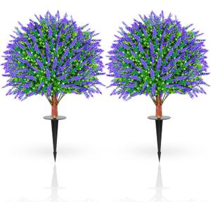 Set of 2 Artificial Lavender Boxwood Topiary Ball Trees with Ground Spike, 26 Inches UV Resistant Fake Evergreen Plant Bushes Shrubs, for Indoor Outdoor Front Porch Garden (Lavander)