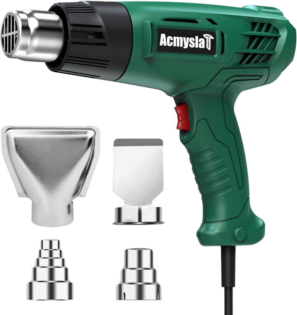 Heat Gun, Heavy Duty Hot Air Gun Kit Dual Temperature Settings 572~932 (300-500), Overload Protection with 4 Nozzles for Crafts, Shrink Wrapping/Tubing, Paint Removing, Epoxy Resin (Green)