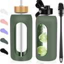 Glass Water Bottles 64 oz - Half Gallon Large Motivational Daily Water Intake Bottle Time Marker - Glass Water Bottle With Straw, Silicone Sleeve 2 Lids, Handle Spout & Bamboo Lid(Olive)