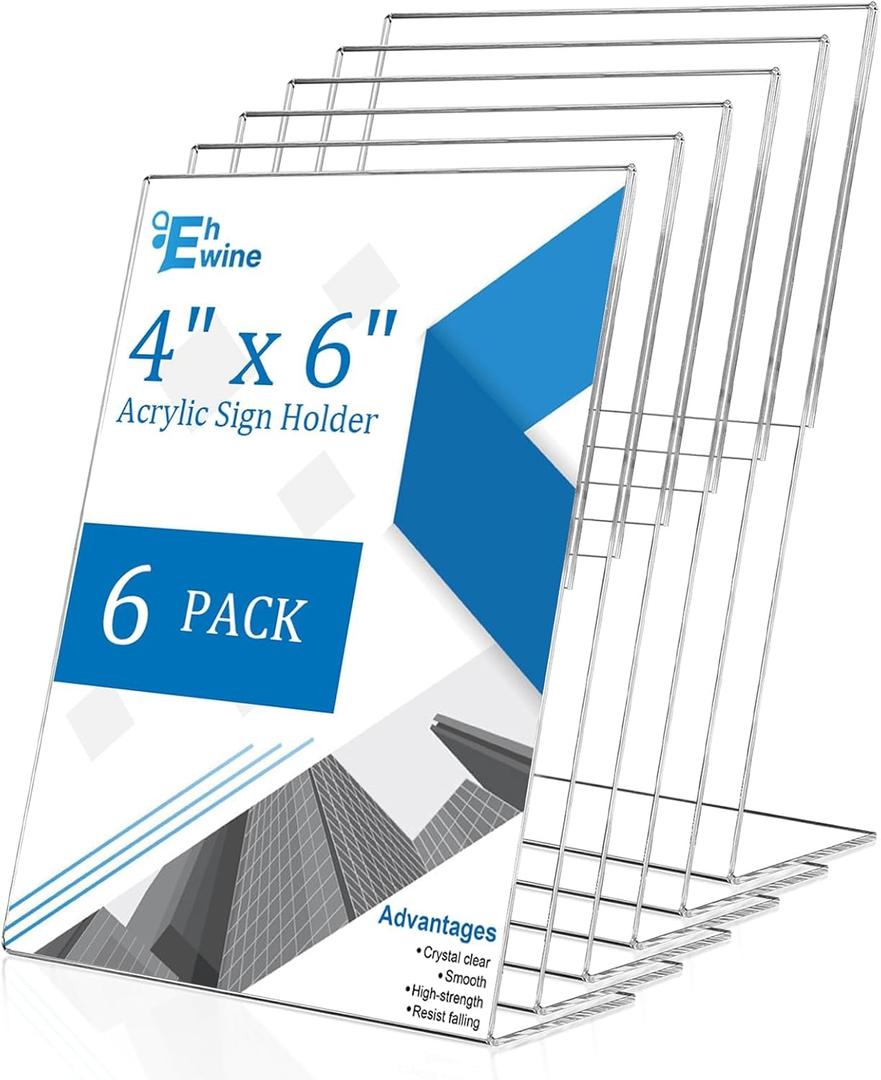 6 Pack 4 x 6 Acrylic Sign Holder, Clear Plastic Signs Display Stand, Vertical Slanted Back Paper Holder Stand up Table Top Sign Holders Flyer Stand Frames Suitable for Office Business Store