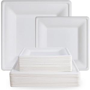 ECOLipak 120 Pack Compostable Paper Plates, 10 inch and 8 inch Heavy Duty Eco friendly Sugarcane Biodegradable Disposable Square Plates for Party Dinner Birthday
