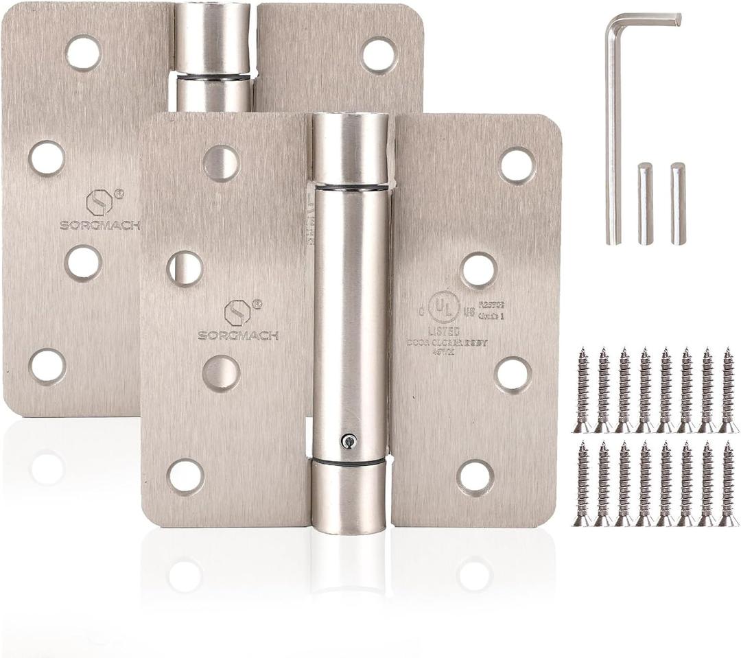 Self Closing Door Hinge 4 inch Satin Nickel Auto Close Hinges Adjustable 4" x 4" Spring Hinges Door Closer Hinge 1/4" Radius Corner Commercial Auto Self-Closing Hinge UL Listed, 2 Pieces