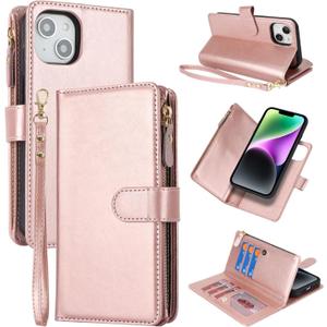 for iPhone 13 Case,for iPhone 14 Wallet Case,for iPhone14 iPhone13 Case,2 in 1 Detachable Wallet Magnetic Case PU Leather Folio Flip Cover with Zipper Coin Pocket & 6 Card Slots - Pink