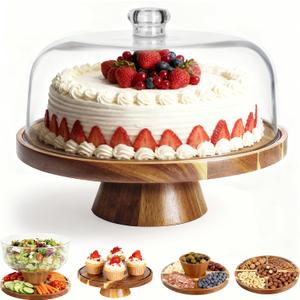 VALESKA Acacia Wood Cake Stand with Lid, 2-in-1 Dessert Table Display Set & Charcuterie Board with 12In Acrylic Dome, Serving Platter, Fruit Platter, Cake Plate