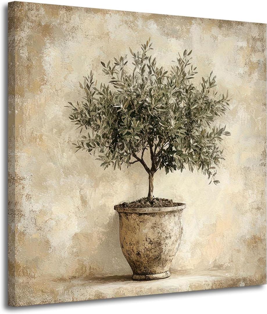 Olive Tree in Vessel Rustic Canvas Wall Art Neutral Botanical Wall Decor Pictures Antique Vintage Potted Plant Poster Prints for Farmhouse Kitchen Dining Room Home Decoration 12x12in Ready to Hang