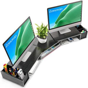 LORYERGO Dual Monitor Stand, Laptop Stand with Storage Accessories Slots, Length and Angle Adjustable, Ergonomic Viewing Height