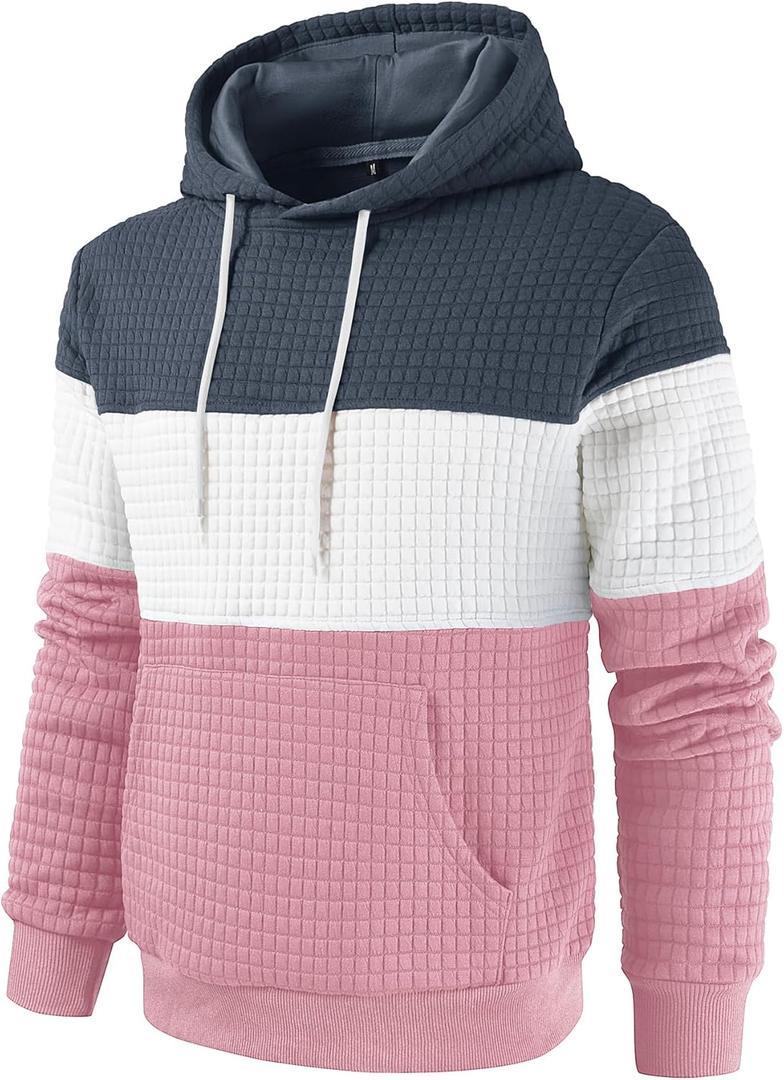 Women's Waffle Color Block Pullover Sweatshirts Hoodies Drawstring Hooded Sweatshirt for Women Trendy (Greyblue/White/Pink) XS