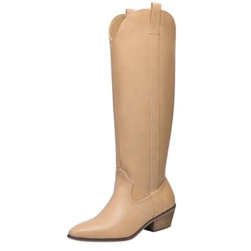 festooning Women's Knee High Boots Pointed Toe Inner Zipper Western Cowboy Boots Pull On Chunky Heel Wide Calf Tall Boots for Ladies (Beige, 9.5)