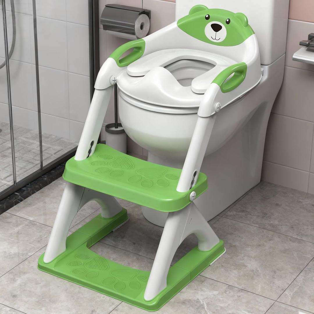 SKYROKU Potty Training Seat for Toddlers 2-in-1 Adjustable potty ladder with Step Stool, Anti-Slip Cushion, Splash Guard & Extra-Wide Pedals, Supports 200+ lbs, Ideal for Boys & Girls (Green)