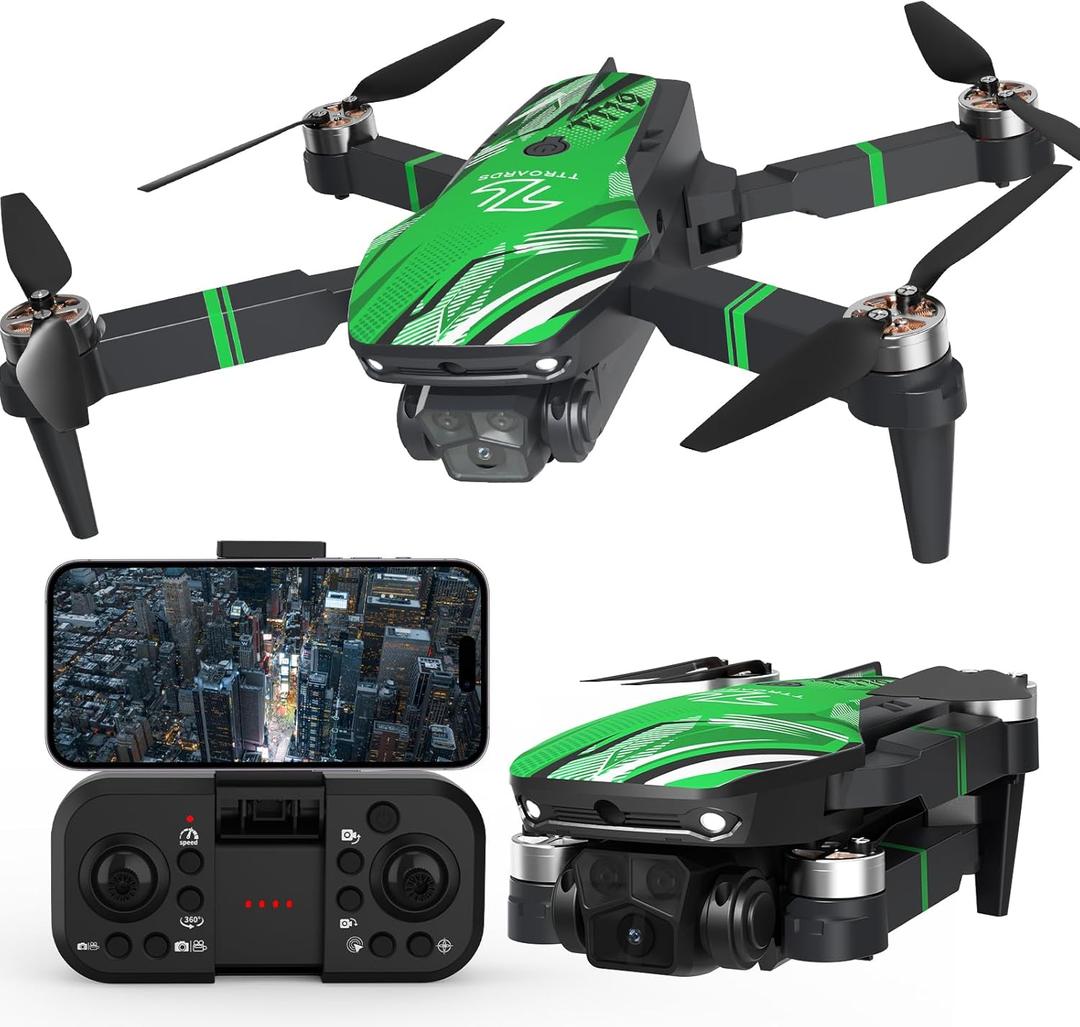 TT19 Foldable 1080P Drone with Camera for Adults, 270 Obstacle Avoidance, Brushless Motor Drones RC Quadcopter with Optical Flow Positioning, Level 3 Wind Resistance, Altitude Hold, Green