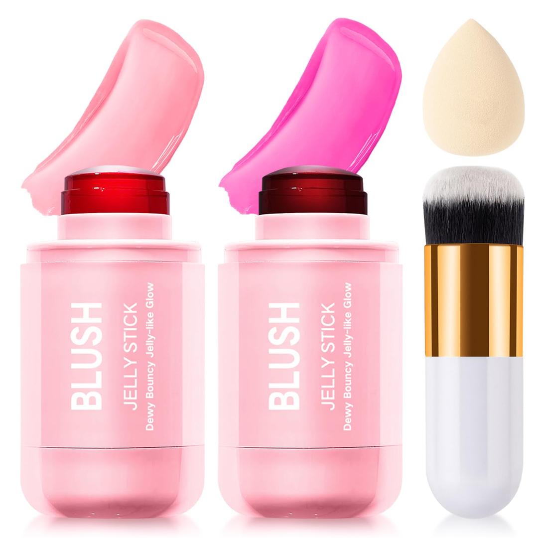 2 Pcs Jelly Blush Contour Stick for Cheeks Eyes Lips Lightweight Dewy Finish Blush Stick Waterproof Long Lasting Lightweight, Sheer & Buildable Color Makeup Set for Wome (SET A)