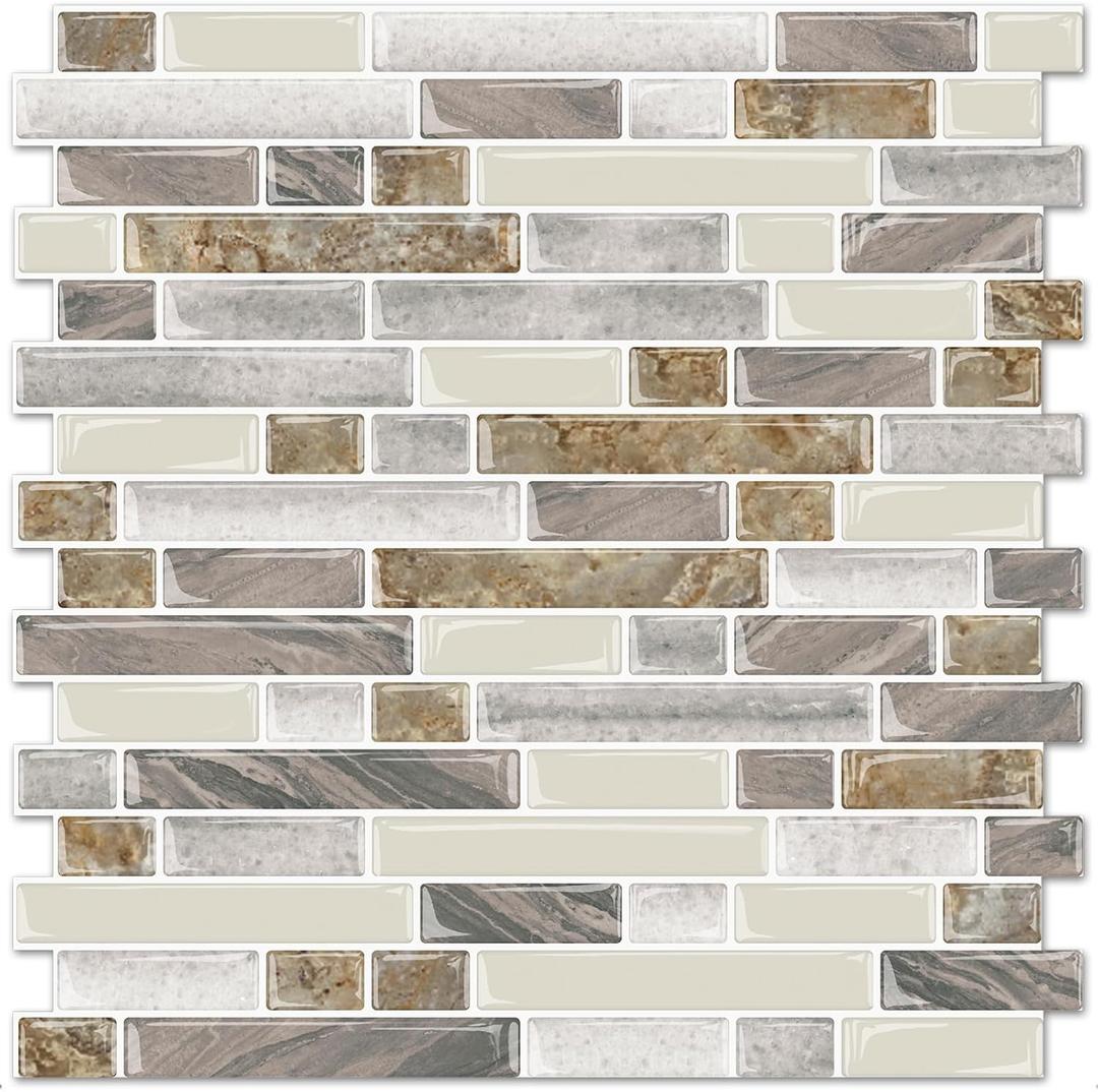 STICKGOO Peel and Stick Tile Backsplash for Kitchen, 1212Stick on Backsplash, Self Adhesive Tile for Kitchen Backsplash and Bathroom(10 Sheets, Thicker Design) (Beige&Brown)