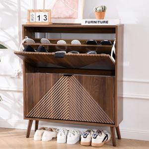 Shoe Cabinet Storage, Farmhouse Freestanding Organizer with 2 Flip Drawers and 4 Wooden feet, Narrow Shoe Rack Cabinet for Entryway, Foyer, Hallway, Walnut