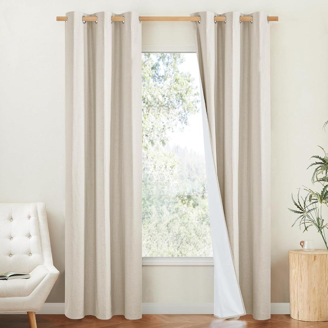 NICETOWN 100% Blackout Linen Texture Curtains 80" Long, Beige, 2 Pcs, Thermal Insulated Full Blackout 2-Layer Lined Drapes, Energy Efficiency Window Draperies for Boy's Room