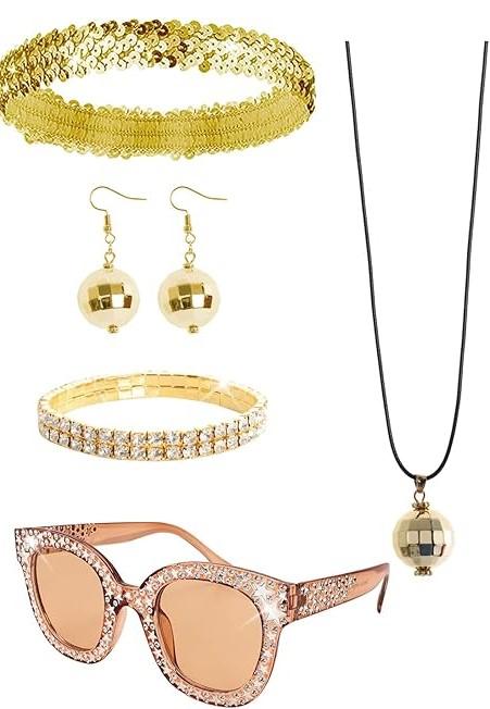 4pcs 70s Disco Costume Accessories for Women Halloween Party Cosplay Sunglasses Silver and gold disco earrings