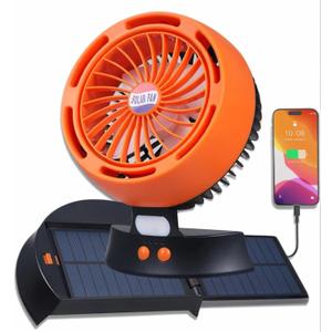 Portable Solar Fan - 10000mAh Big Battery, Compact & Lightweight, Solar-Powered, 4 Speeds & LED Light for Camping, Hiking & Emergencies! (Small, Orange)