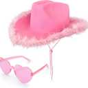Pink Cowboy/Cowgirl Hat with Heart Shaped Sunglasses, Feather Boa, and Felt for Party Costumes, Dress Up, Cowboy Themed Events, Bachelorette Parties, Unisex, All Ages