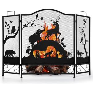 IRONWALLS 3 Panel Fireplace Screens Decorative, 48"(L) x 32"(H) Wrought Iron Fire Place Spark Guard Cover with Animal Pattern, Black Metal Mesh Fireplace Screen Stand Alone for Living Room, Bedroom