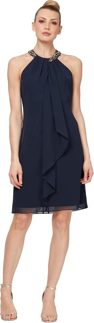 S.L. Fashions Womens Jewel Halter Sheath Dress (Petite and Regular) (Blue, S)