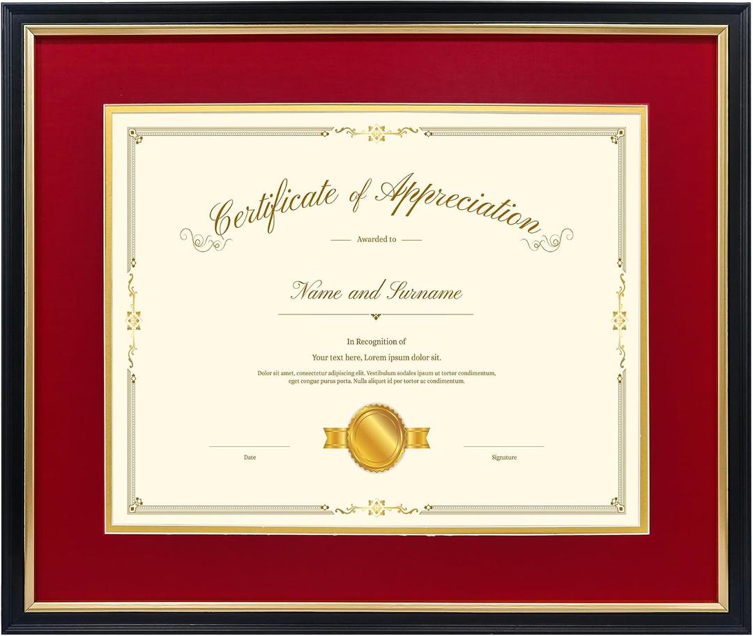 15x18 Diploma Frame for 11x14 Certificate/Document/Picture with Black and Red Mat, Solid Wood Degree Frame, UV Protection Acrylic Wall Display