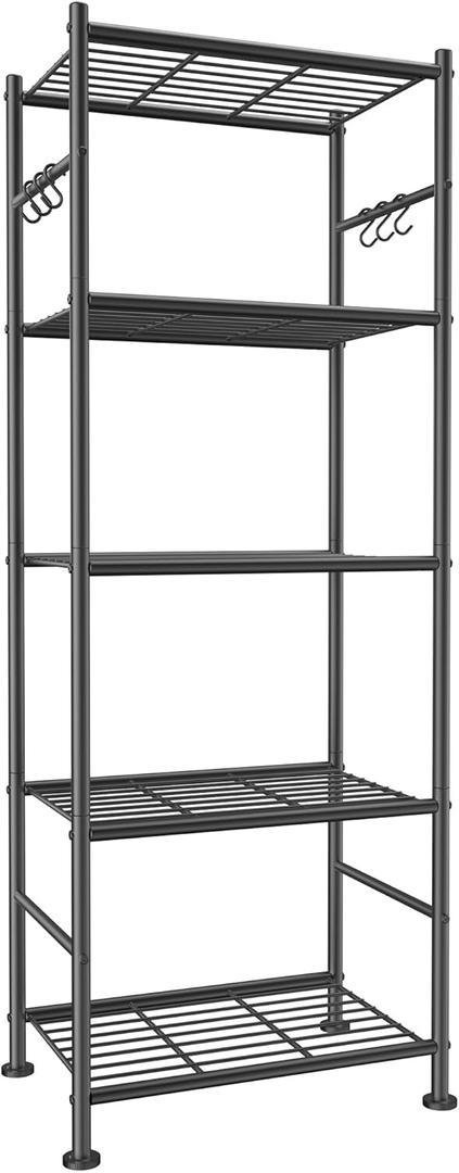 Storage Shelves - 5-Tier Large Capacity Shelf Organizer with Hooks, Heavy-Duty Garage Shelving with Leveling Feet, Wobble-Free Rack for Bedroom, Balcony, Garage, 18.1"12.4"56.8", Black