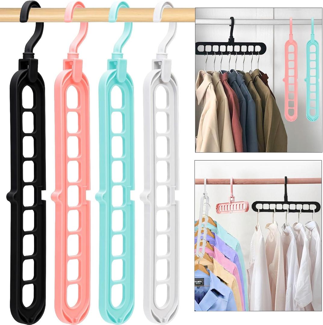 Closet Organizers and Storage, Multifunctional Organization and Storage Home Essentials Magic Space Saving Hangers with 9 Holes for Wardrobe Closet Heavy Clothes (4 Pack, Multicolor)