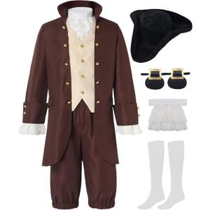 aicoaub Kids Colonial Costume Boys 18th Century America Cosplay Costume with Hat (9-10 Y, Brown)