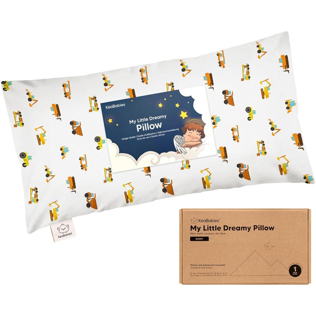Toddler Pillow with Pillowcase - 10x18 My Little Dreamy Kids Travel Bed Pillows for Sleeping, Organic Cotton Small Pillowcase, Soft & Breathable,Machine Washable,Toddlers 2-5 years old(Construction) (Buddy)