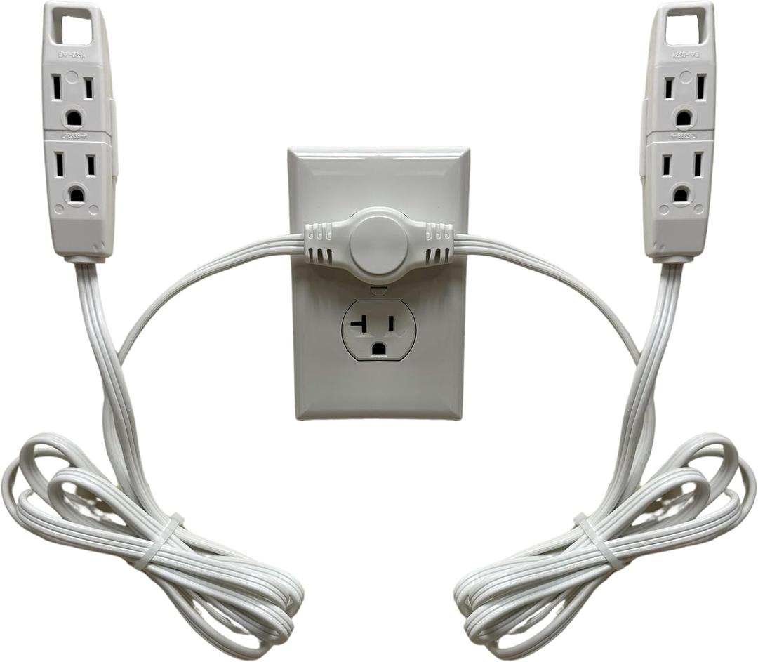 W4W, Twin Extension Cord Power Strip - 12 Foot Cord - 6 feet on Each Side - Flat Head (Wall Hugger) Outlet Plug - 6 Polarized Outlets with Safety Cover