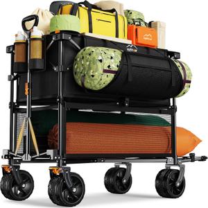 Foldable 50''L Extra Long Double Decker Wagon for Sport, 400L Collapsible Heavy Duty Wagon Cart with Big Wheels, Utility All-Terrain Large Extender Cart for Outdoors (Black)