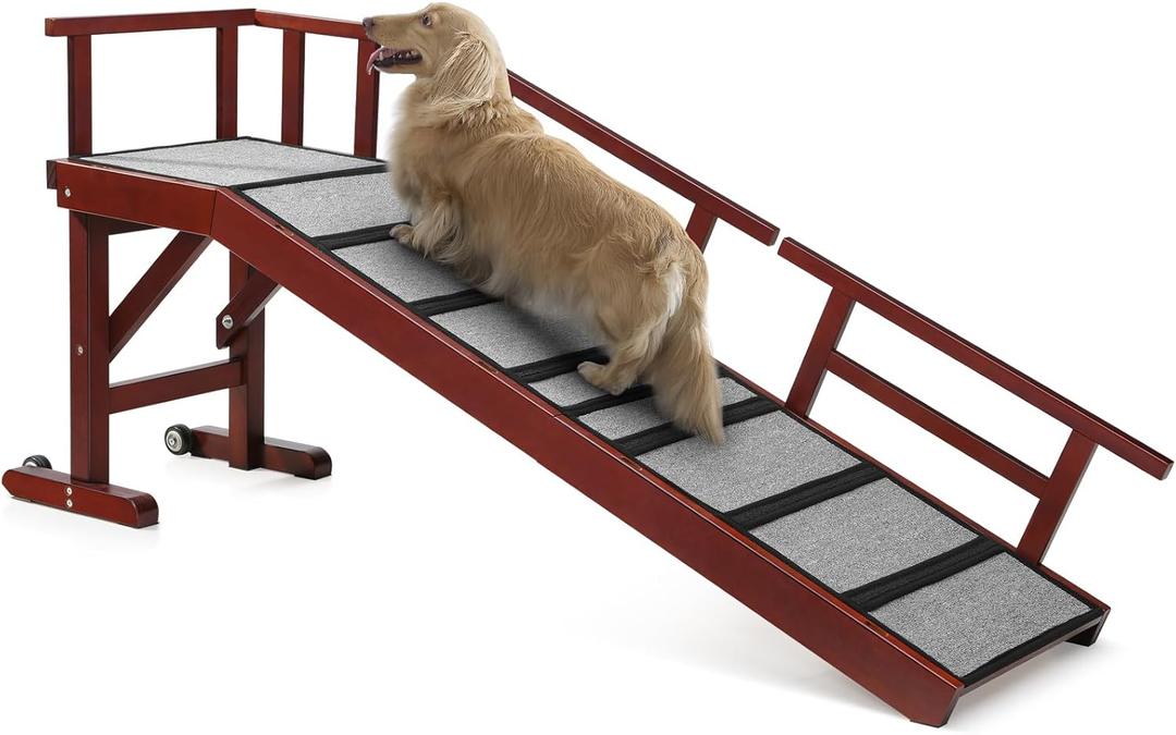 Dog Ramp for Bed or Couch, Wooden Pet Ramp with 20 Gentle Slope, Removable Side Rails, Non-Slip Surface, Top Platform & Wheels, Safe Bed Ramp for Small, Large & Senior Dogs, 60" Long, Mahogany
