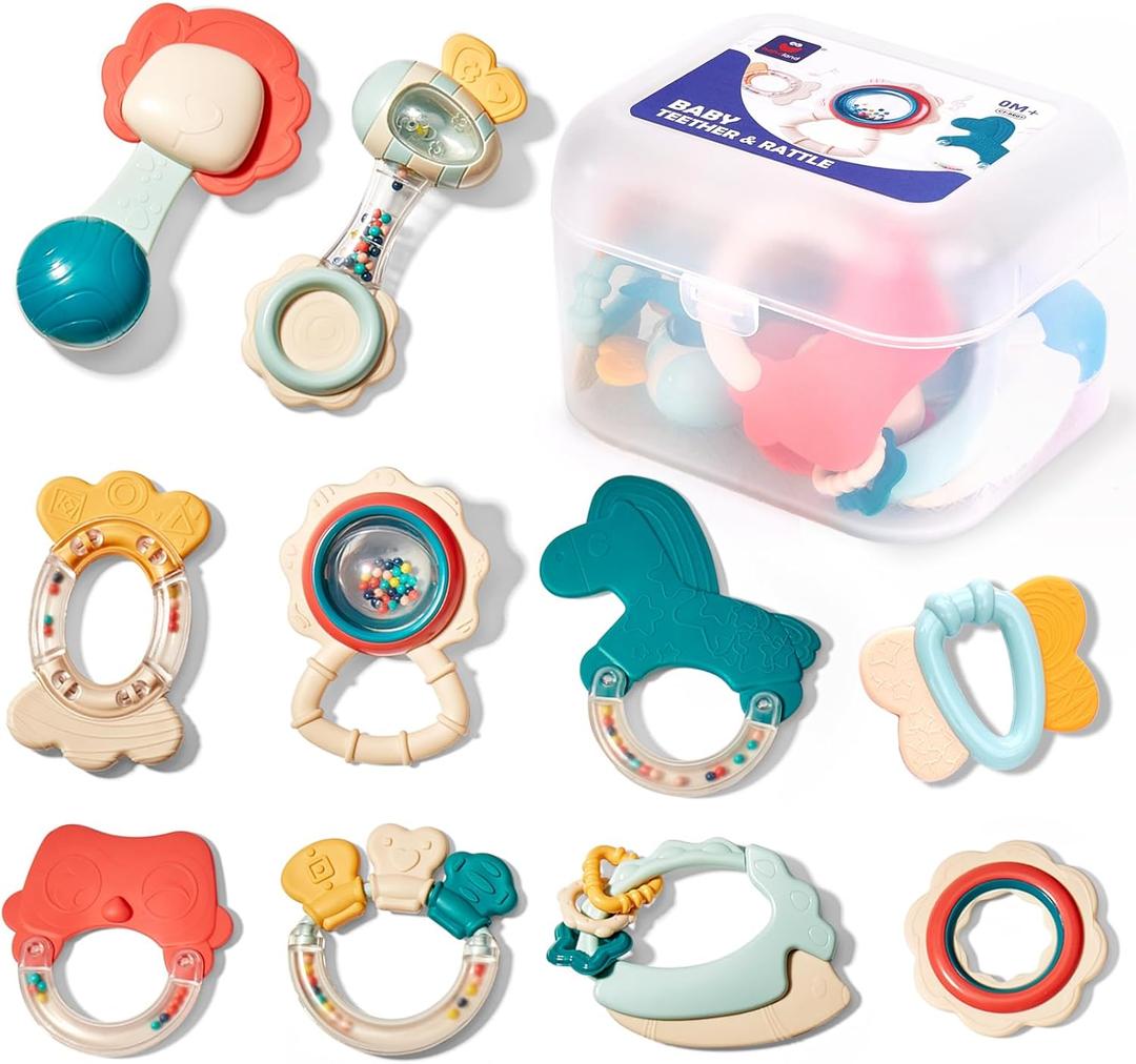 Hahaland Baby Toys 0-6 Months - Baby Rattles Teething Toys 3-6 Months, Newborn Infant Toys 6-12 Months, Teether Grasping Shaker Toy Baby Gifts 6 5 4 3 Month Old Must Haves Montessori Rattle for Babies