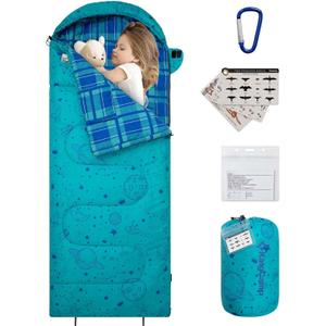 KingCamp 45 F Kids Sleeping Bag, Lightweight Waterproof & Compact Flannel Sleeping Bags Cold Weather & Warm Youth Essentials Gear Accessories for Camping, Fits 10-12 Children up to 5'5" Tall (66.9" x 27.5", 8.6F ~44.6F Cyan Left Gift Set)