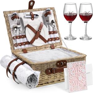 Picnic Basket for 2, Bridal Shower Gift Wedding Gifts with Mr Mrs Wine Glasses and Greeting Card, Engagement Newly Weeding Gifts for Couples 2026, Wicker Picnic Set Kit with Blanket Cooler for Beach