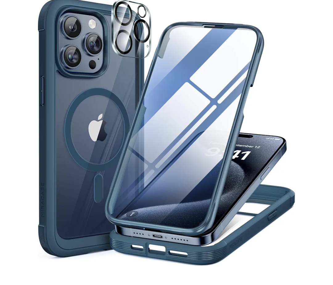 Miracase Magnetic for iPhone 15 Pro Max Case 6.7'' [Compatible with Magsafe] FullBody Drop Proof Bumper Phone Case for iPhone 15 Pro Max with Builtin 9H Tempered Glass Screen Protector,Blue