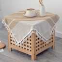 Small Waterproof Cotton Linen Washable Tablecloth Farmhouse Wrinkle Free Square Burlap Table Cloths 24x24 Inch Coffee Heavy Weight Table Cover with Tassels for Bedside Tables Home Decoration