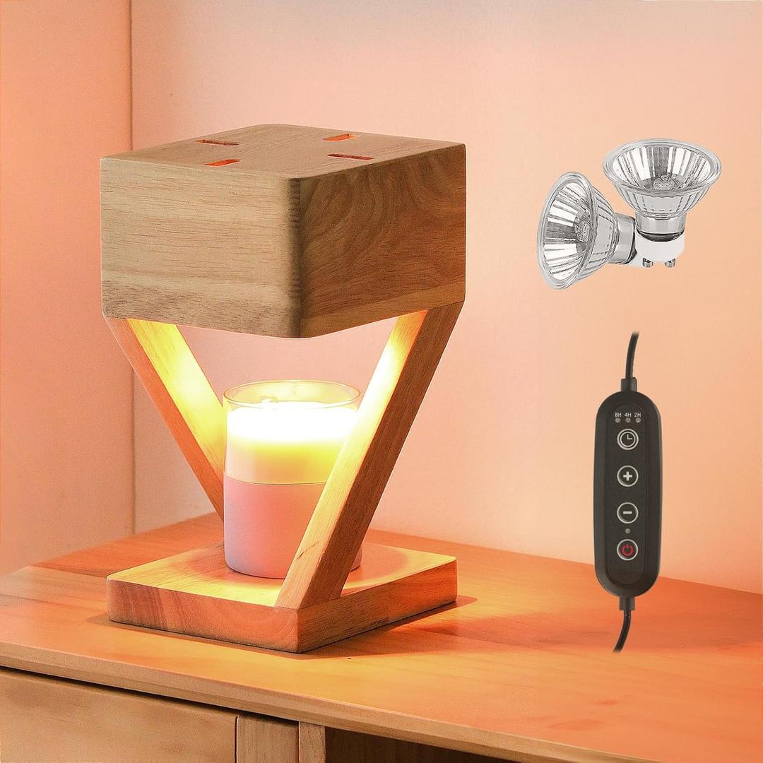 IN HAPPY Candle Warmer Lamp with Timer,Bedroom Home Decor Dimmable Wax Melt Warmer for Scented Wax with 2Pcs 50w Bulbs,Perfect for Jar Candles, Birthday Gifts for Women Mom (Wood)