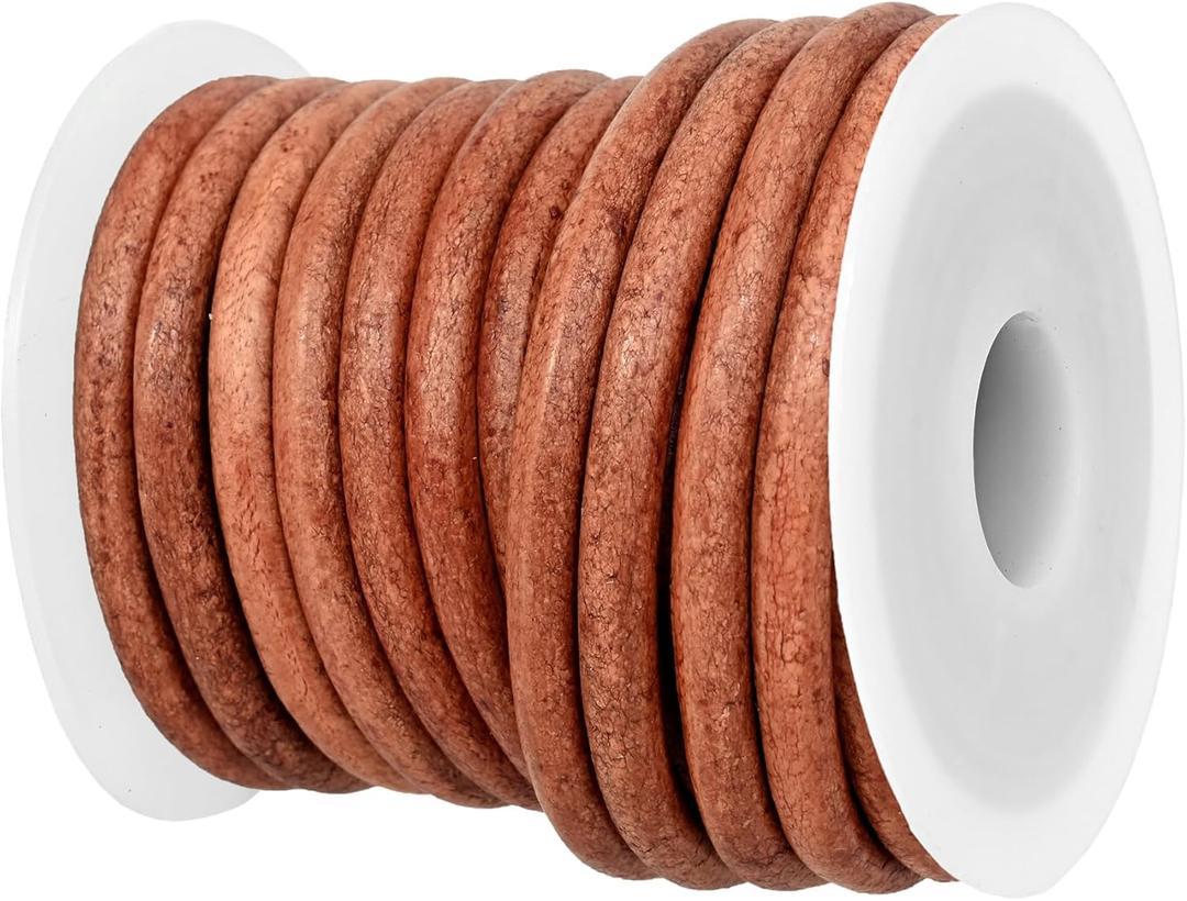 GENIQUE Real/Genuine Round Leather String Cord for Necklace, Bracelets, Jewellery, Braiding (Light Brown Distressed, 5mm)