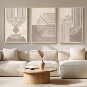 Framed Boho Neutral Abstract Wall Art for Living Room, Large 3 Piece Mid Century Modern Painting Prints, Minimalist Geometric Canvas Artworks for Dining Room Hallway Office Wall Decor, 24x36 In