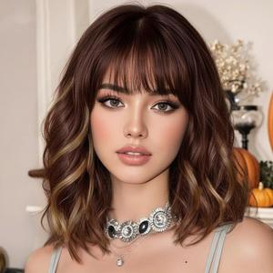 AISI HAIR Curly Bob Wig with Bangs Short Wavy Chestnut Mixed Dark Brown Color Wigs for Women Bob Style Synthetic Heat Resistant Bob Wigs