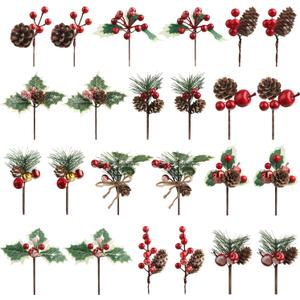Songjum Artificial Christmas Pine Picks Christmas Berries Artificial Stem with Pinecones Apples Bells Christmas Flower Picks for Christmas Tree Wreath Arrangement Winter Holiday Decor (Green)
