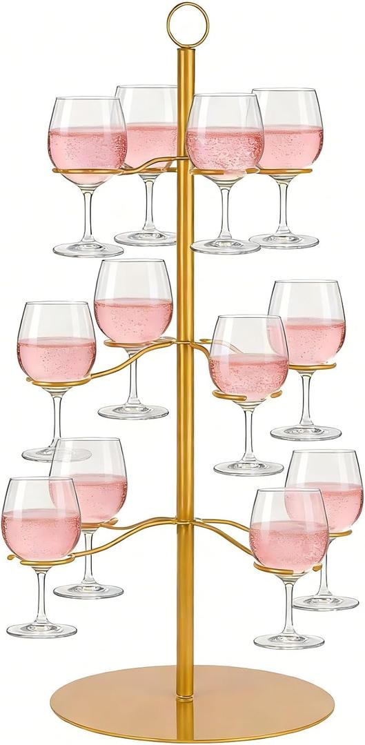 2FT Cocktail Tree Stand for Drinks 3 Tiers 12 Holders Champagne Tower Stand Metal martini tree for Birthday,Wedding,Christmas,Thanksgiving Holiday Party, Gold