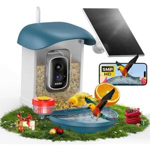 Bird Feeder with Camera 5MP Live Video, Solar Powered Smart AI Identify Birds Species, 2.4Ghz WiFi Camera Bird Feeder with Squirrel-Proof, Instant Arrival Alerts, Ideal Gifts for Bird Lovers