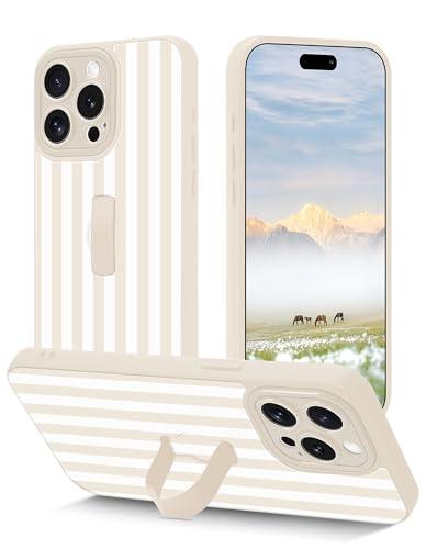 Aitipy Striped Phone Case Compatible with iPhone 17, with Finger Hand Strap Kickstand Shockproof Full Camera Protection Soft TPU Protective Cover for Women Girls, Beige Striped