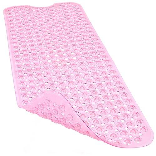 Linoows Bathtub and Shower Mats, 40x16 Inch Extra Large Non Slip Soft Bath Tub Mat with Suction Cups and Drain Holes for Bathroom Floor and Keep Tubs Clean, Machine Washable, Clear Pink