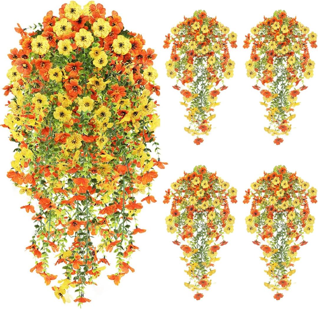 4PCS Artificial Hanging Flowers for Outdoors Summer Decoration, Upgrade UV Resistant Faux Silk Hanging Plants for Outside Home Planter Porch Patio Decor (Orange&Yellow)