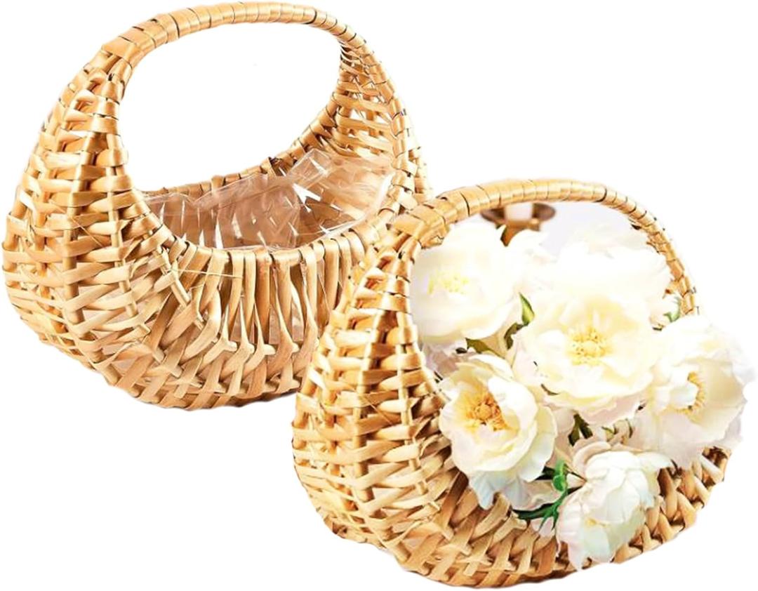 2 PCS Handwoven Flower Baskets,Half-moon Straw Rattan Basket,Hand-Held Flower Arrangement Basket,Retro Storage Container for Home Decor Photo Props